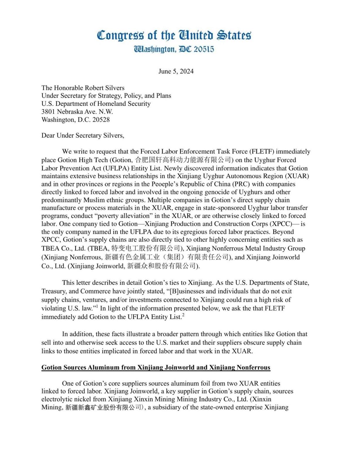 Letter from Rep. LaHood re:Gotion