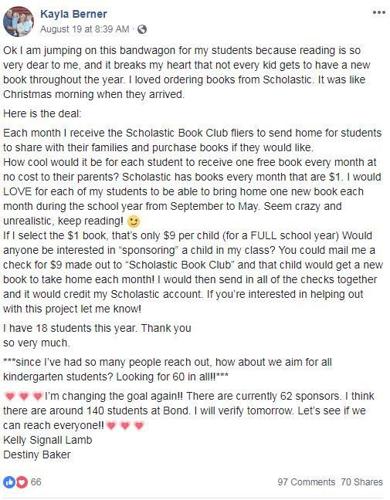 Facebook post gets entire school new books each month