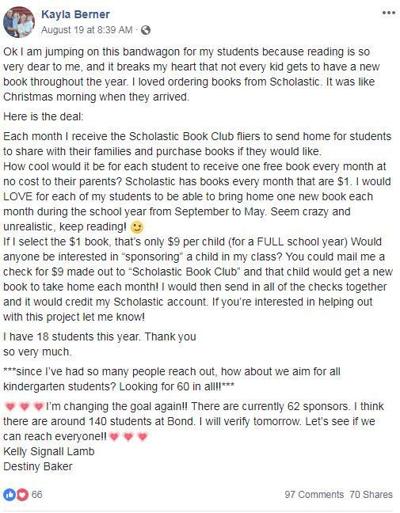 Facebook post gets entire school new books each month