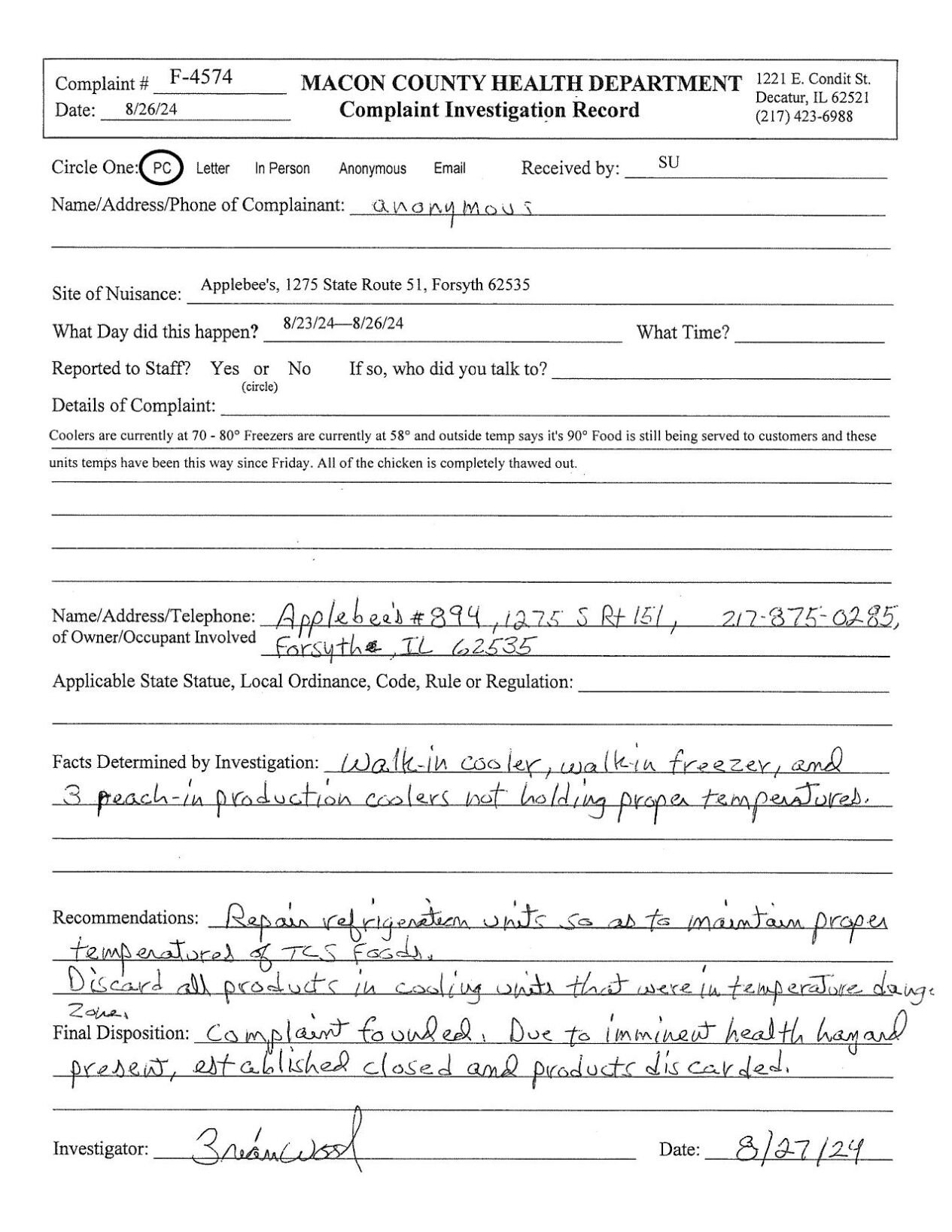 Applebees Inspection Report
