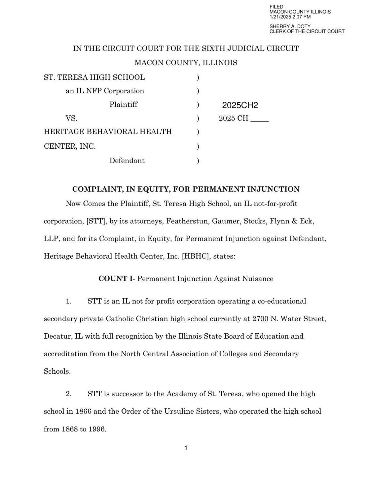 St. Teresa injunction against Heritage Behavioral Health