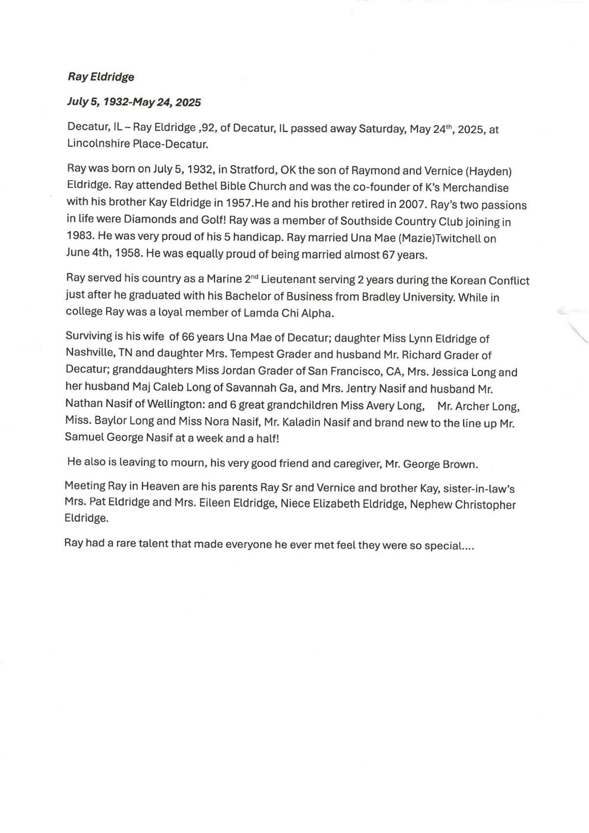 Ray Eldridge Obituary