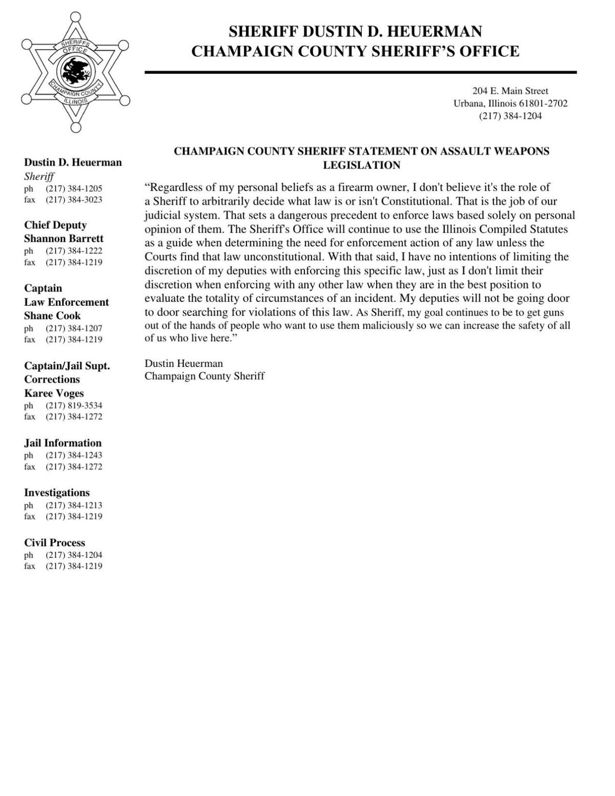 Champaign Sheriff Statement
