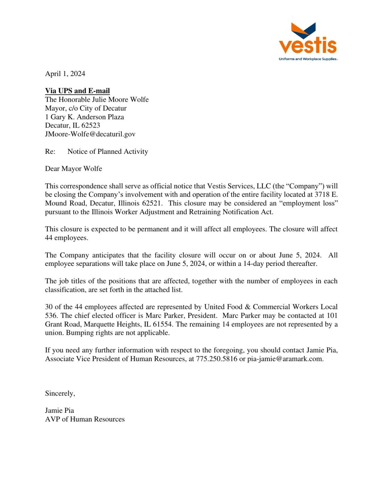 Vestis Aramark WARN Notice