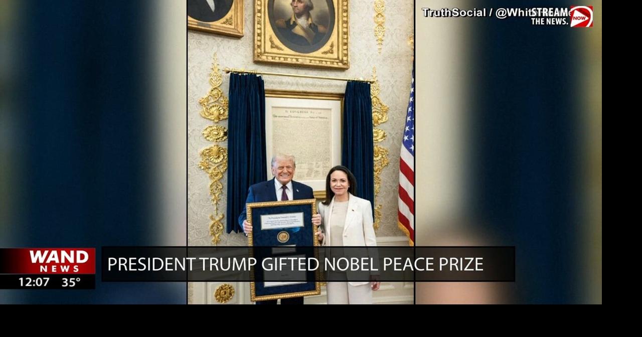 Venezuela’s Machado presents Trump with her Nobel Peace Prize during meeting