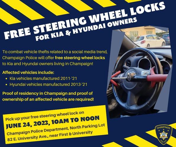 Champaign Police offering free steering wheel locks to affected Kia, Hyundai owners