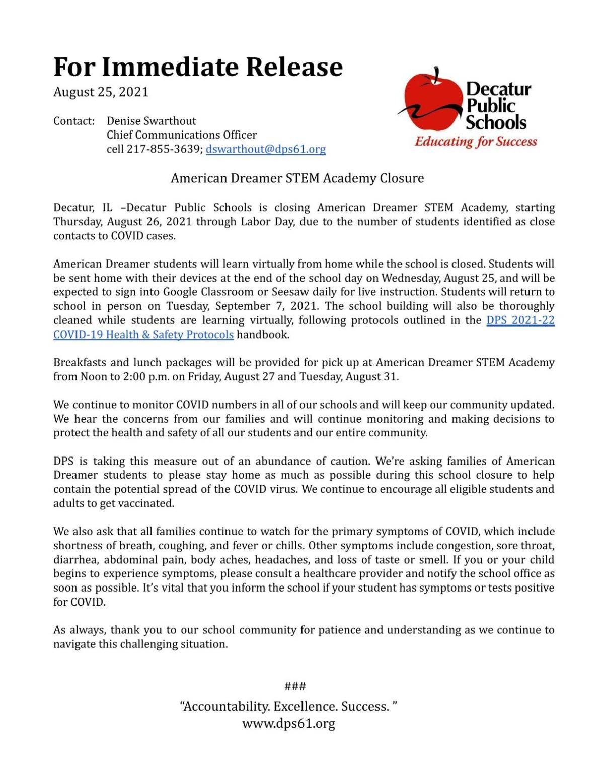 American Dreamer STEM Academy closure press release