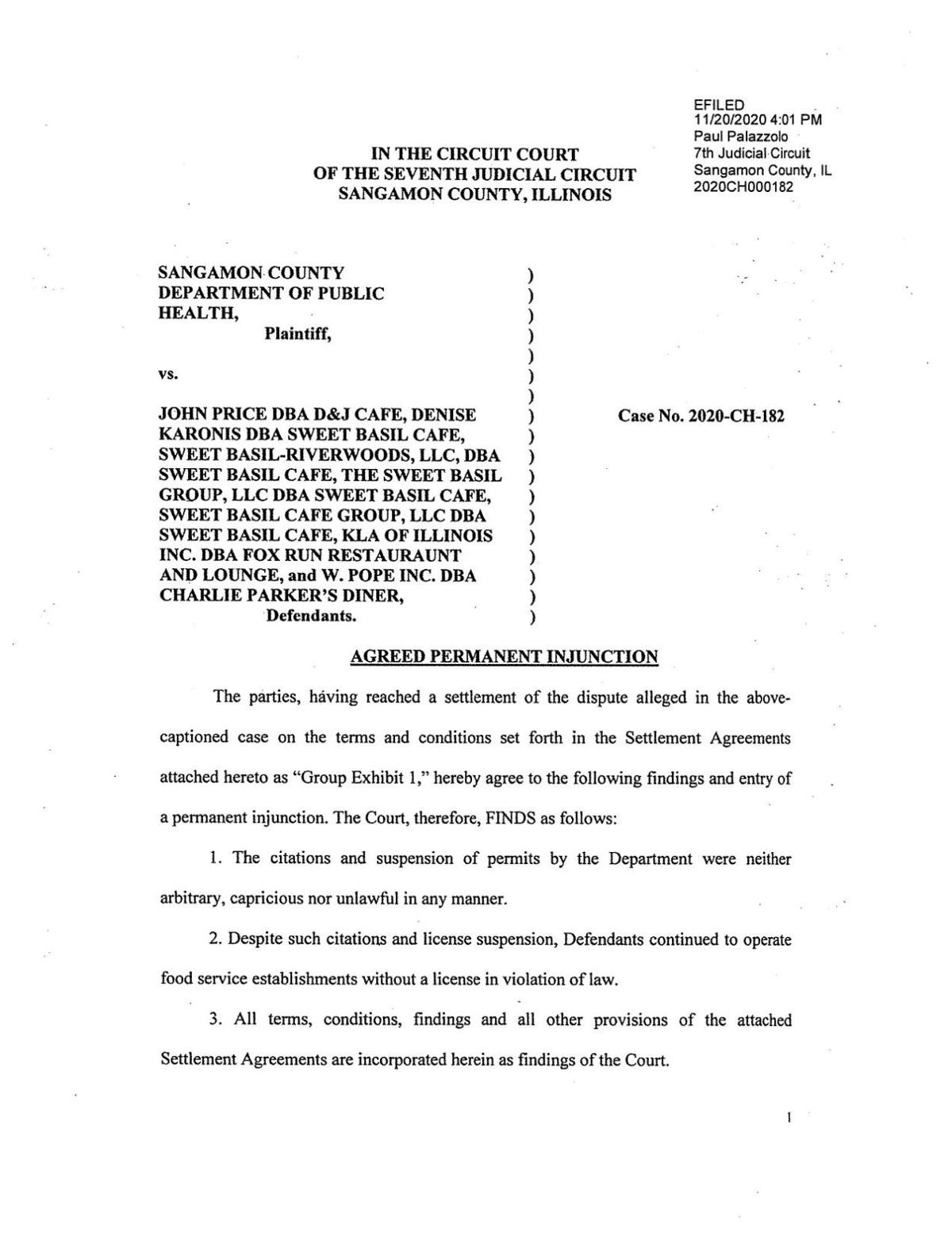 Sangamon Co. settlement, permanent injunction order - 11/20/2020