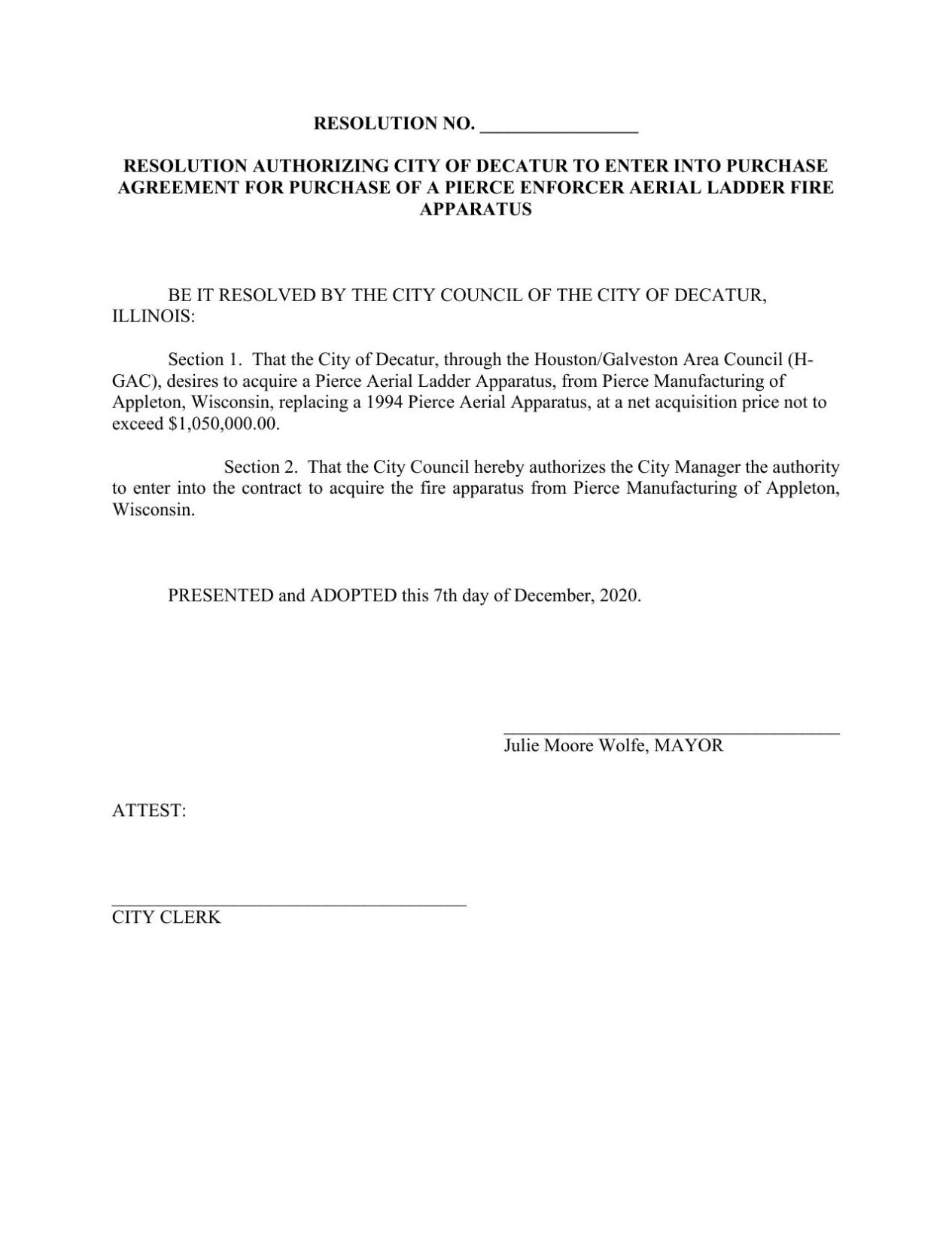 Decatur 12/7 resolution - ladder truck purchase