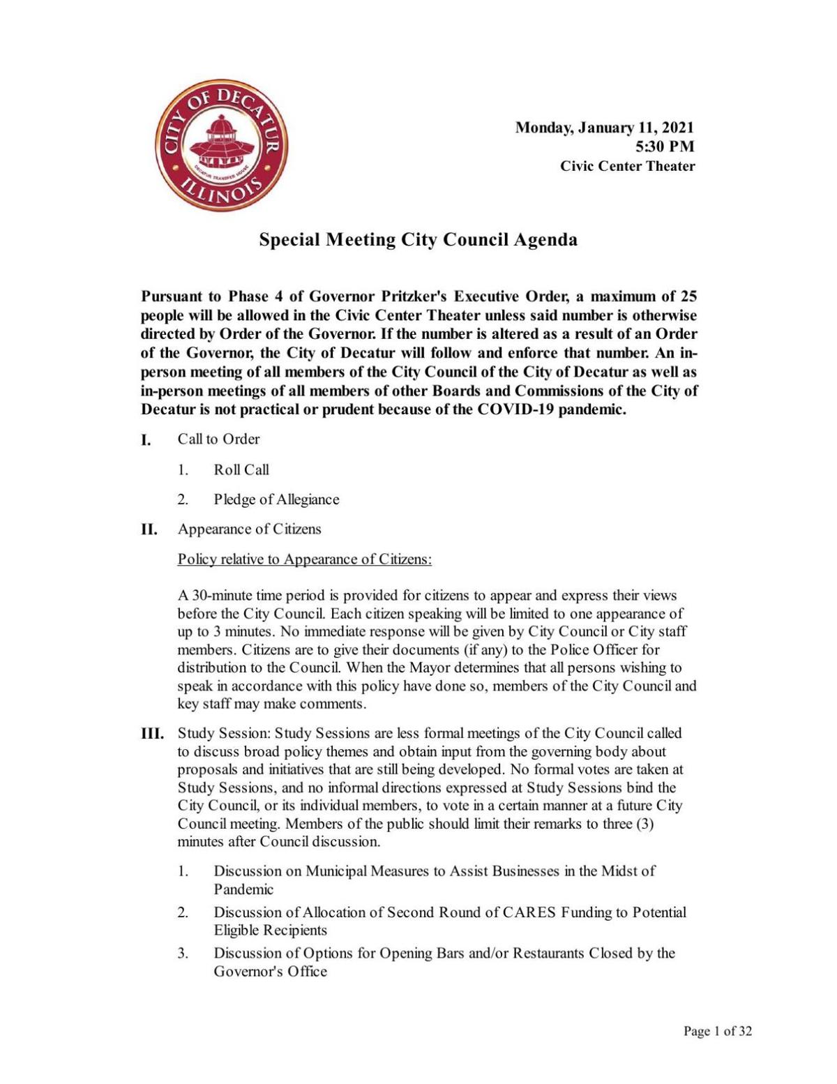 Decatur City Council Meeting agenda - 1/11/2021