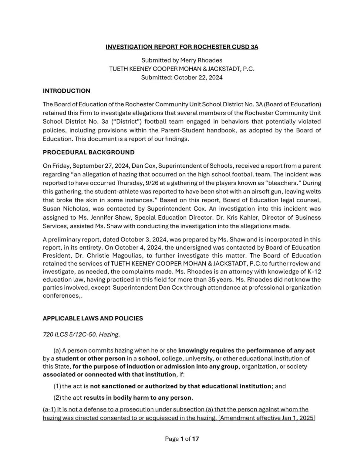 Investigation Report for Rochester CUSD