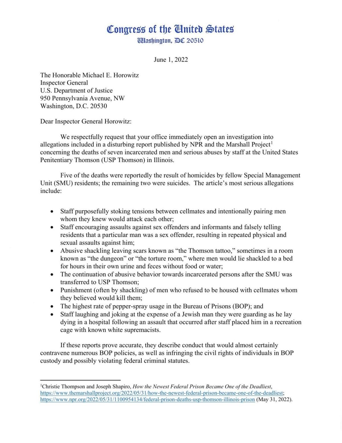 DOJ letter - USP Thomson