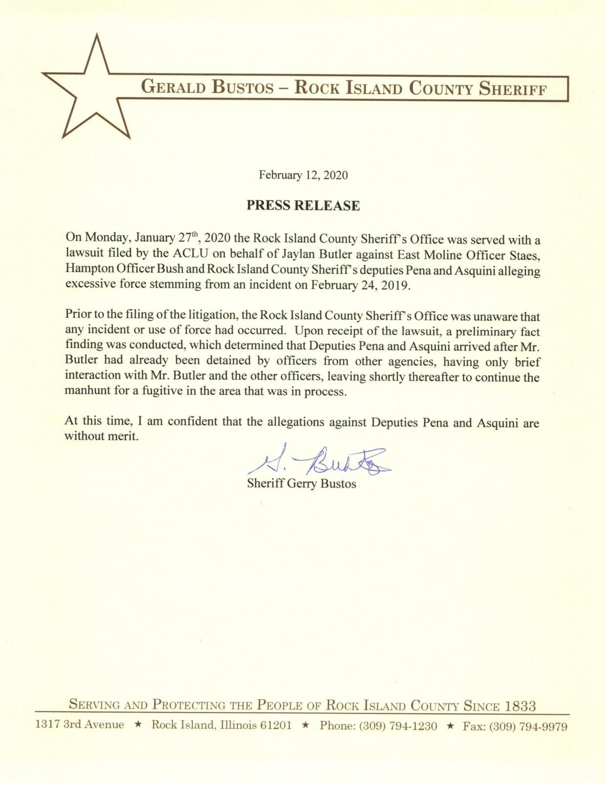 Rock Island Sheriff's Office Press release