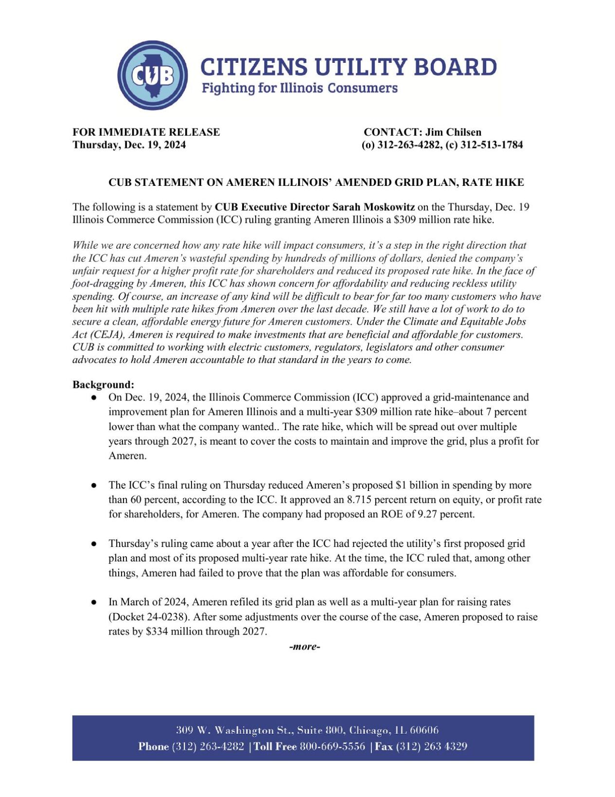 Citizens Utility Board statement: