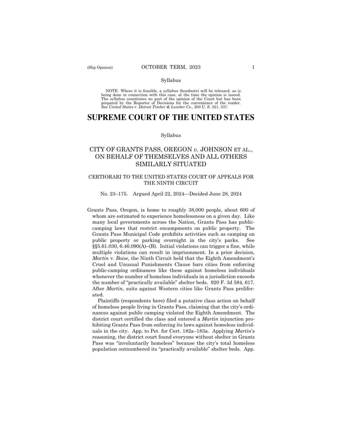 SUPREME COURT - CITY OF GRANTS PASS, OREGON v. JOHNSON ET AL., ON BEHALF OF THEMSELVES AND ALL OTHERS SIMILARLY SITUATED
