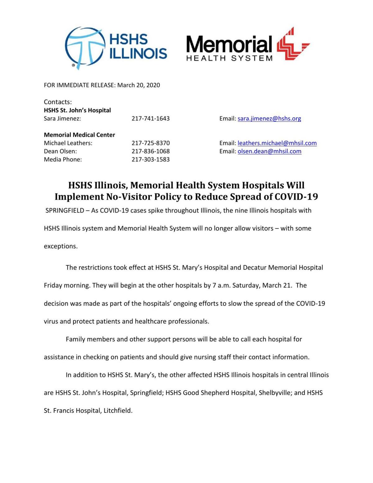 HSHS, MHS COVID-19 press release