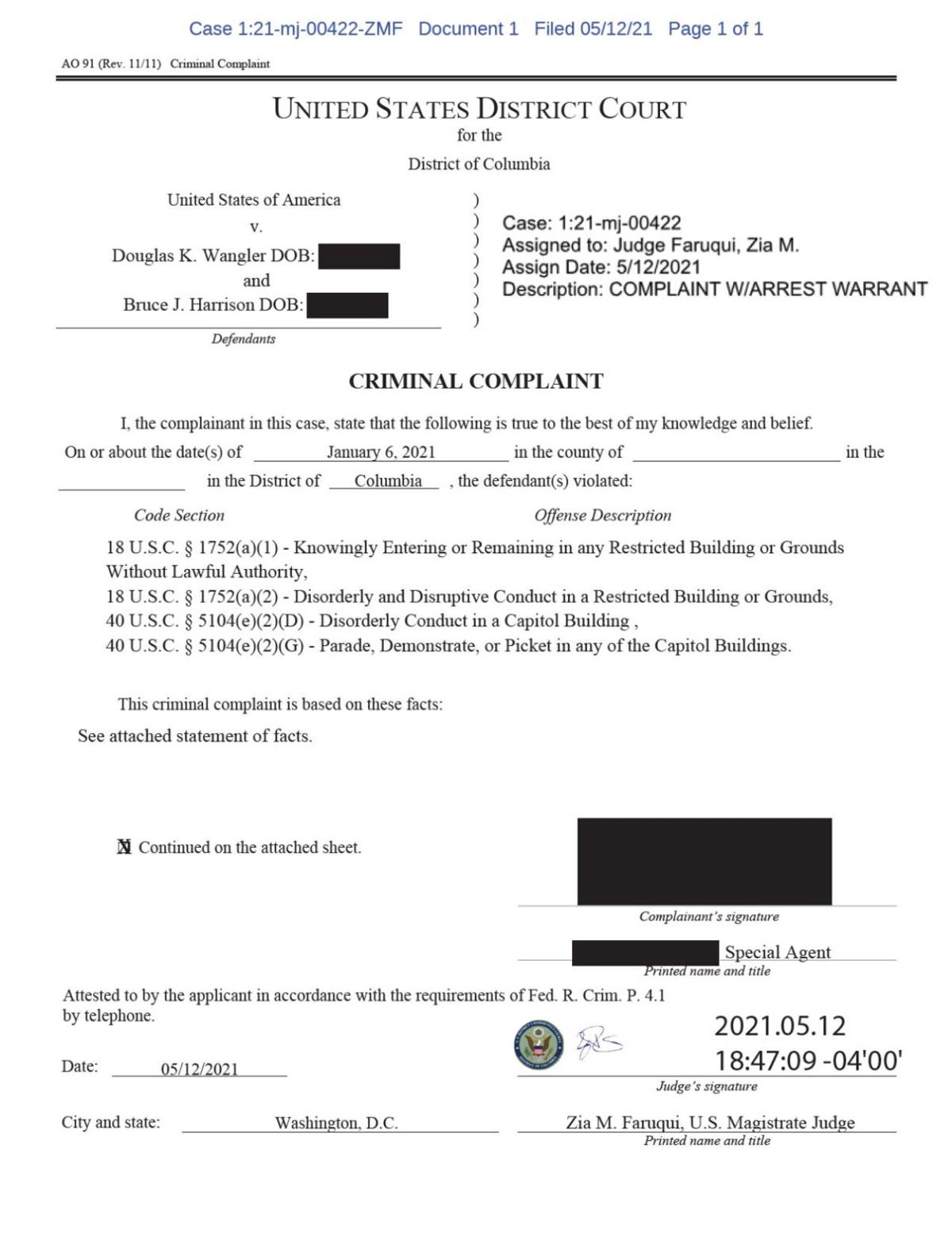 Wangler and Harrison criminal complaint