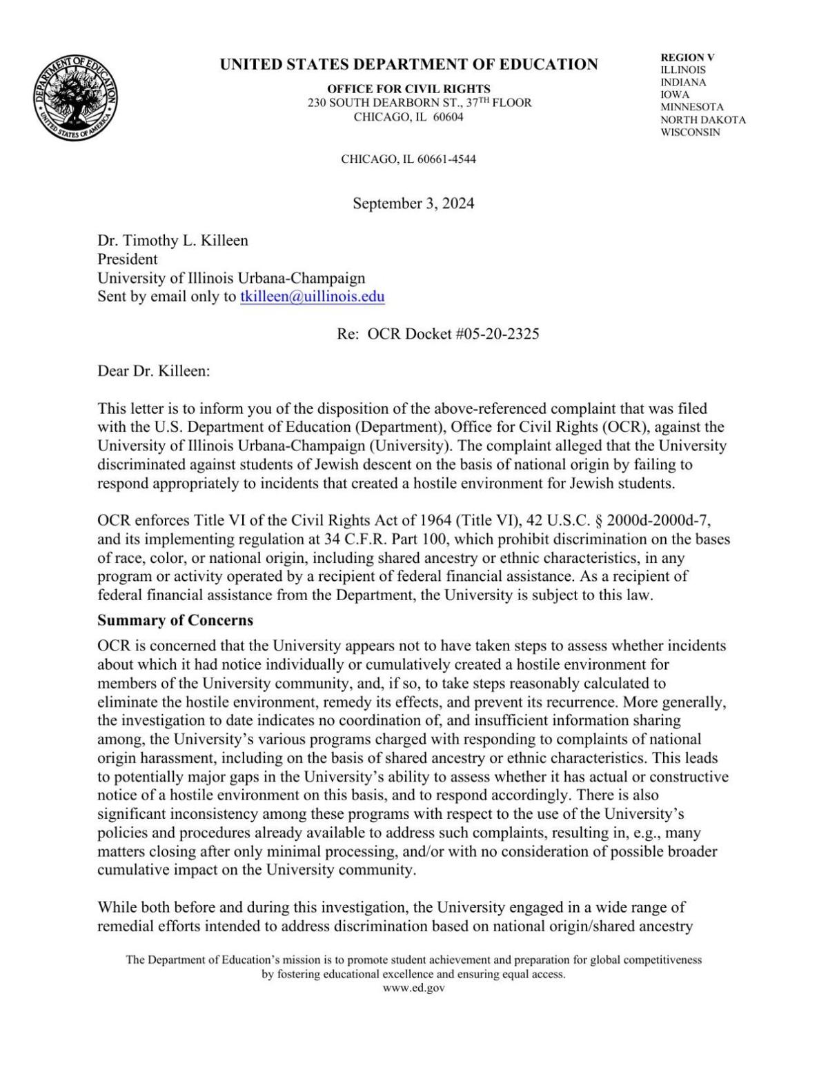 University of Illinois Civil Rights Resolution Letter