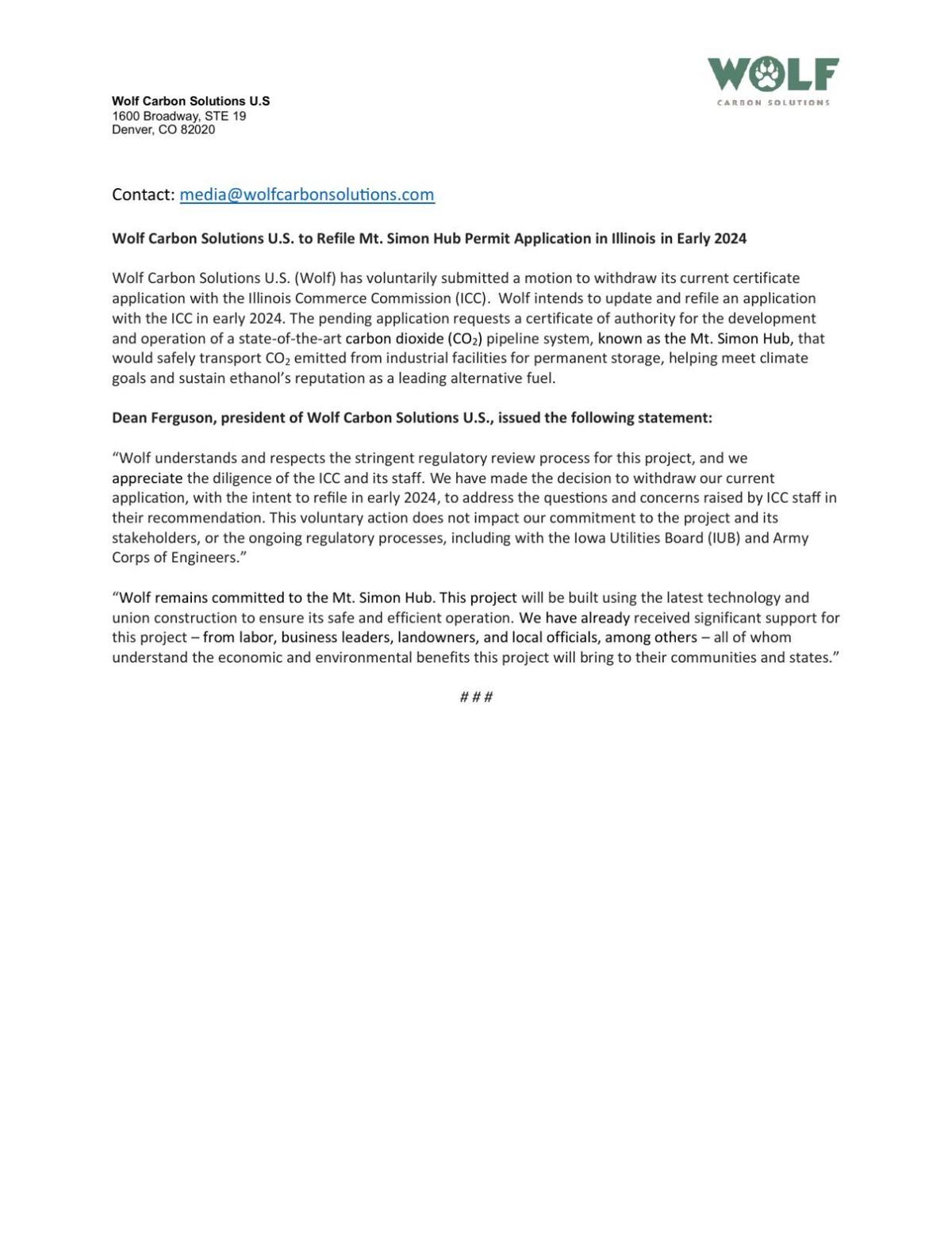Wolf Carbon Solutions U.S. to Refile Mt. Simon Hub Permit Application in Illinois in Early 2024