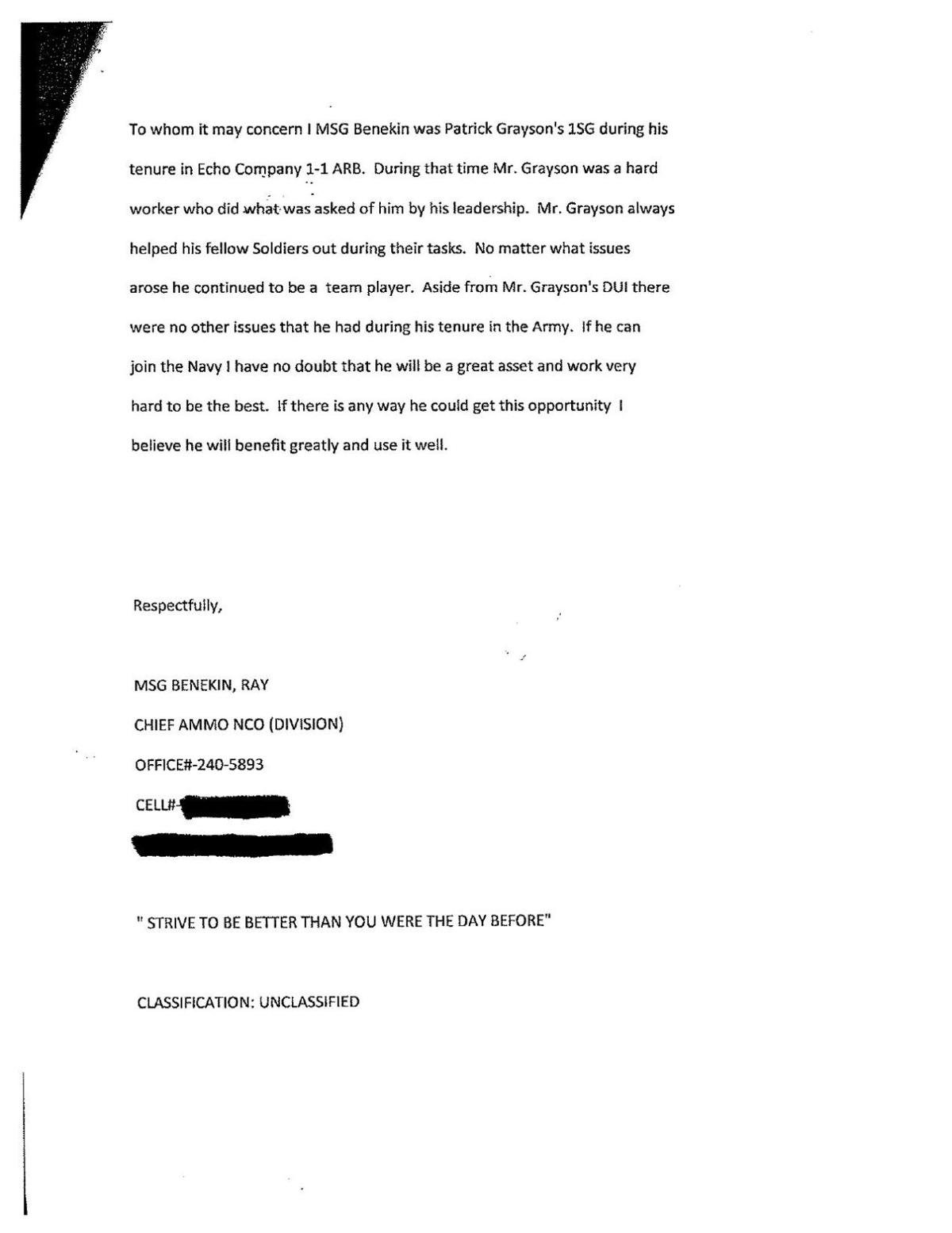 Letter from Grayson's commanding officer