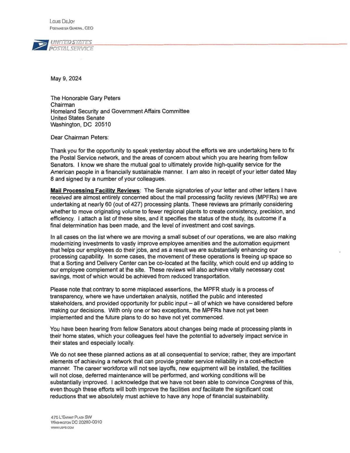 USPS DeJoy Letter to Sen. Peters