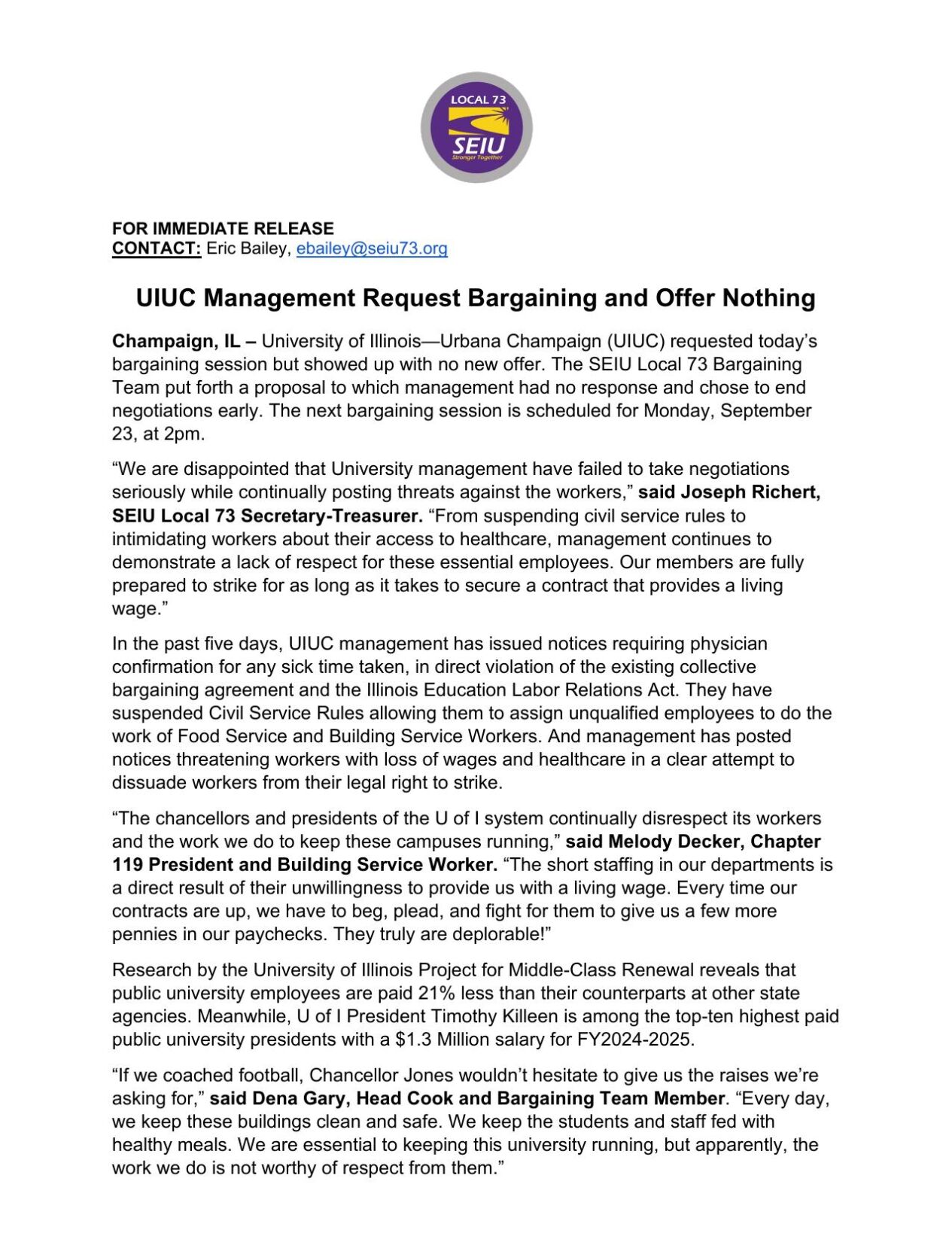Press Release from SEIU Local 73