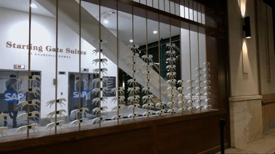 Art installation at Churchill Downs shows post positions of Derby winners