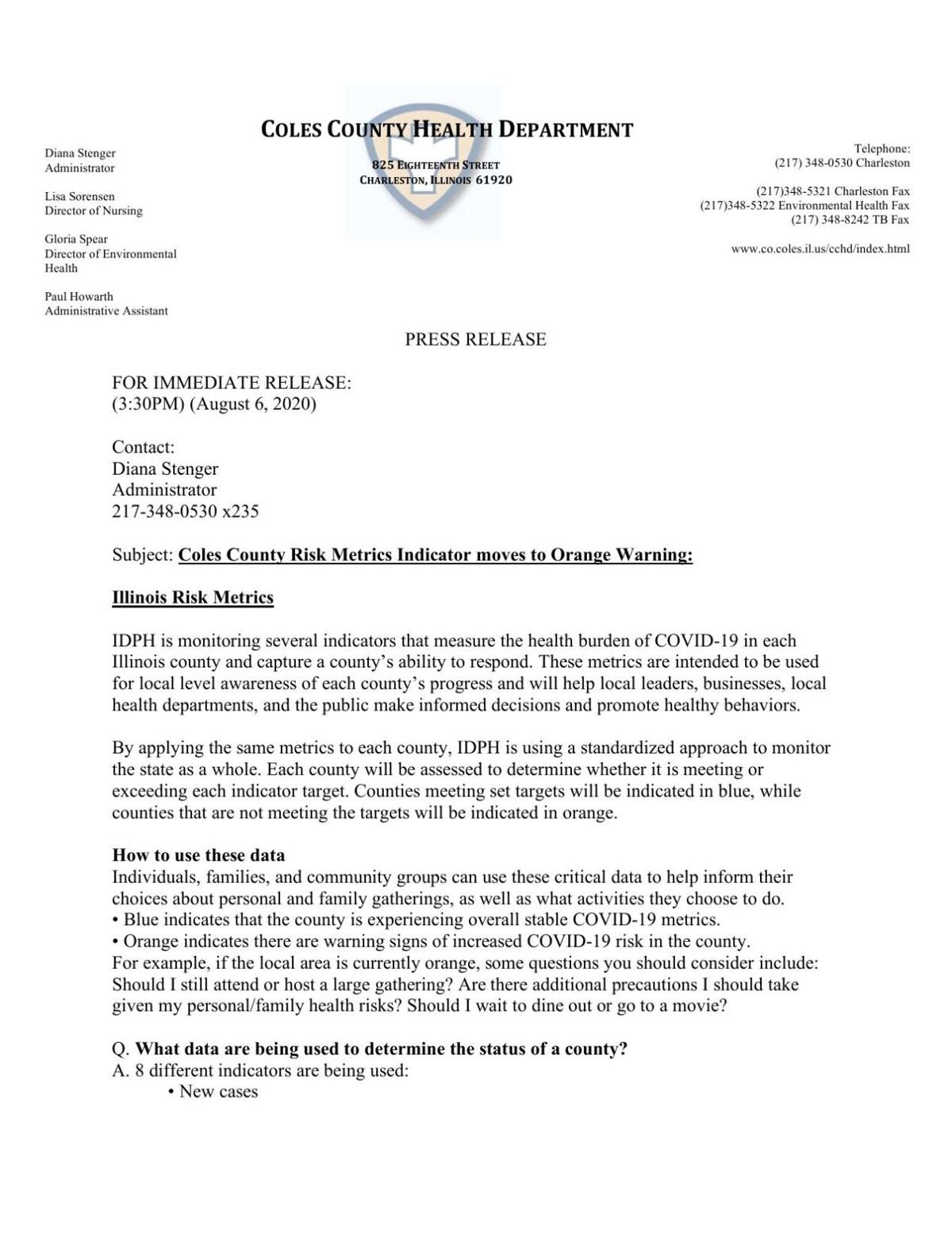 Coles County risk metrics press release