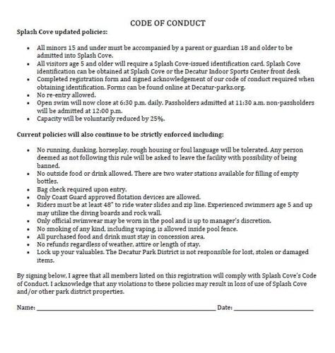 Splash Cove Code of Conduct form