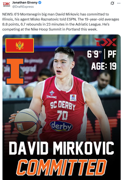 Illinois adds Montenegrin David Mirkovic to 2025 roster