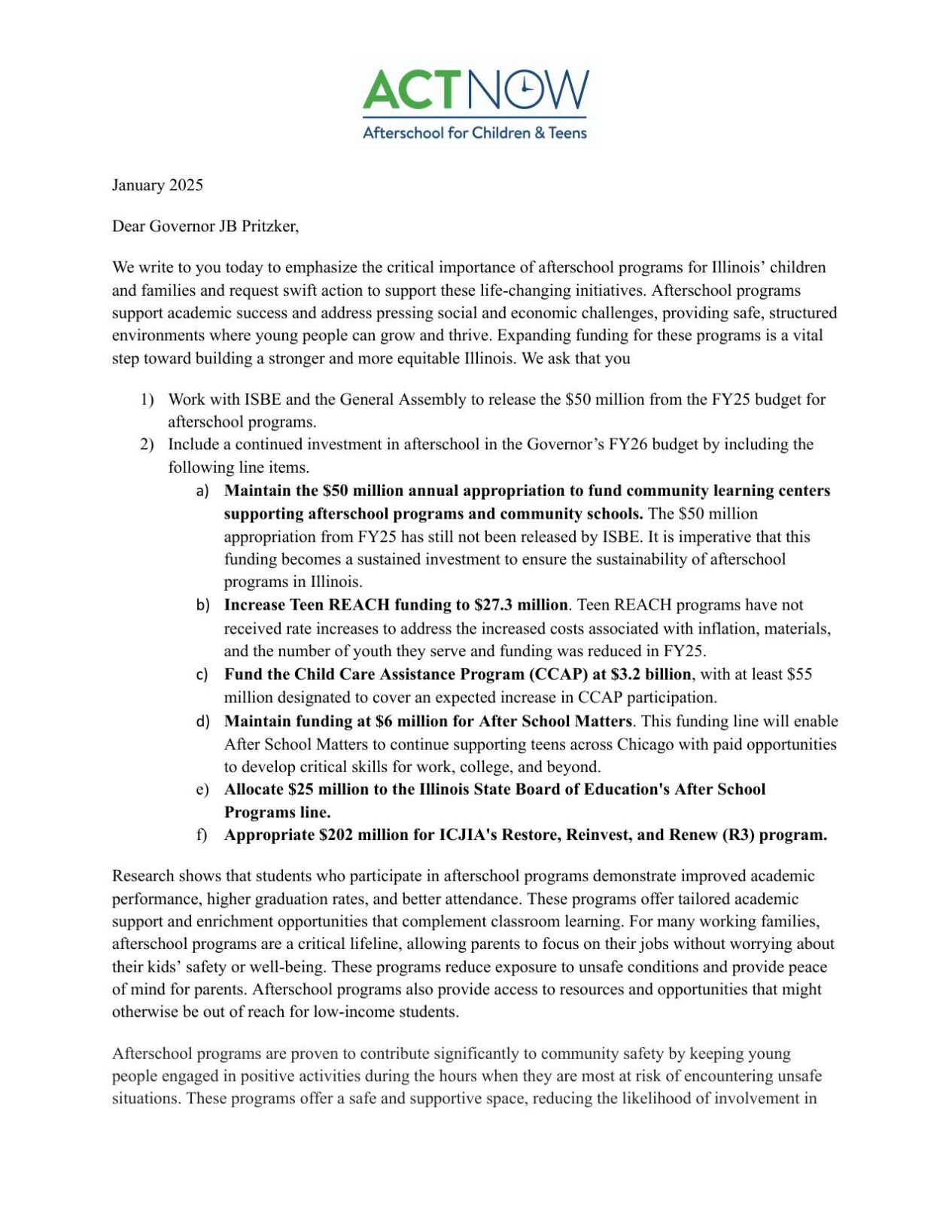 Afterschool Program Funding Sign On Letter