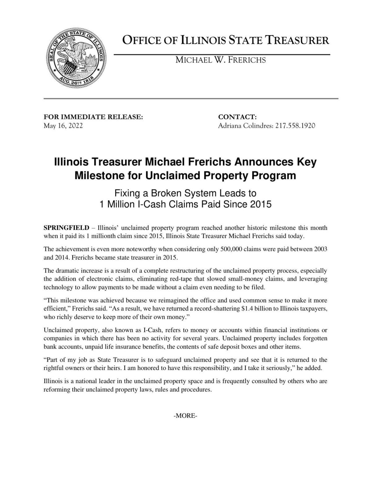 Unclaimed property program milestone