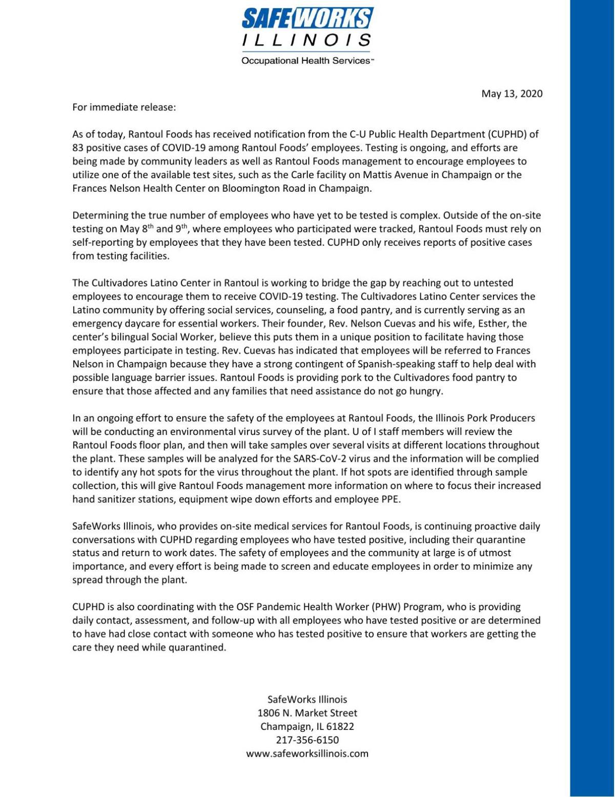 Rantoul Foods press release - 5/13/2020