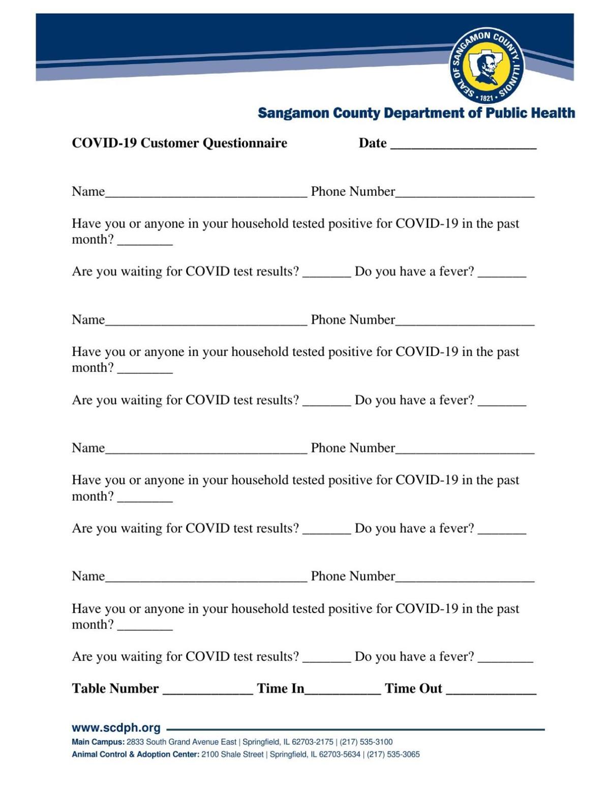 Sangamon Co. customer health questionnaire