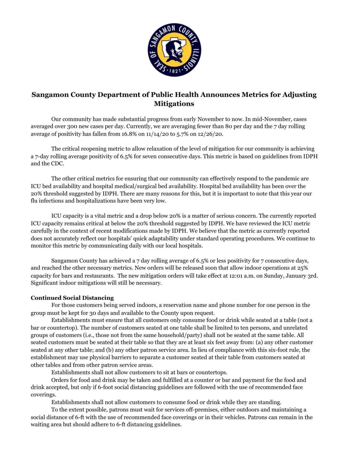 Sangamon County bar/restaurant mitigation changes - 12/30/2020