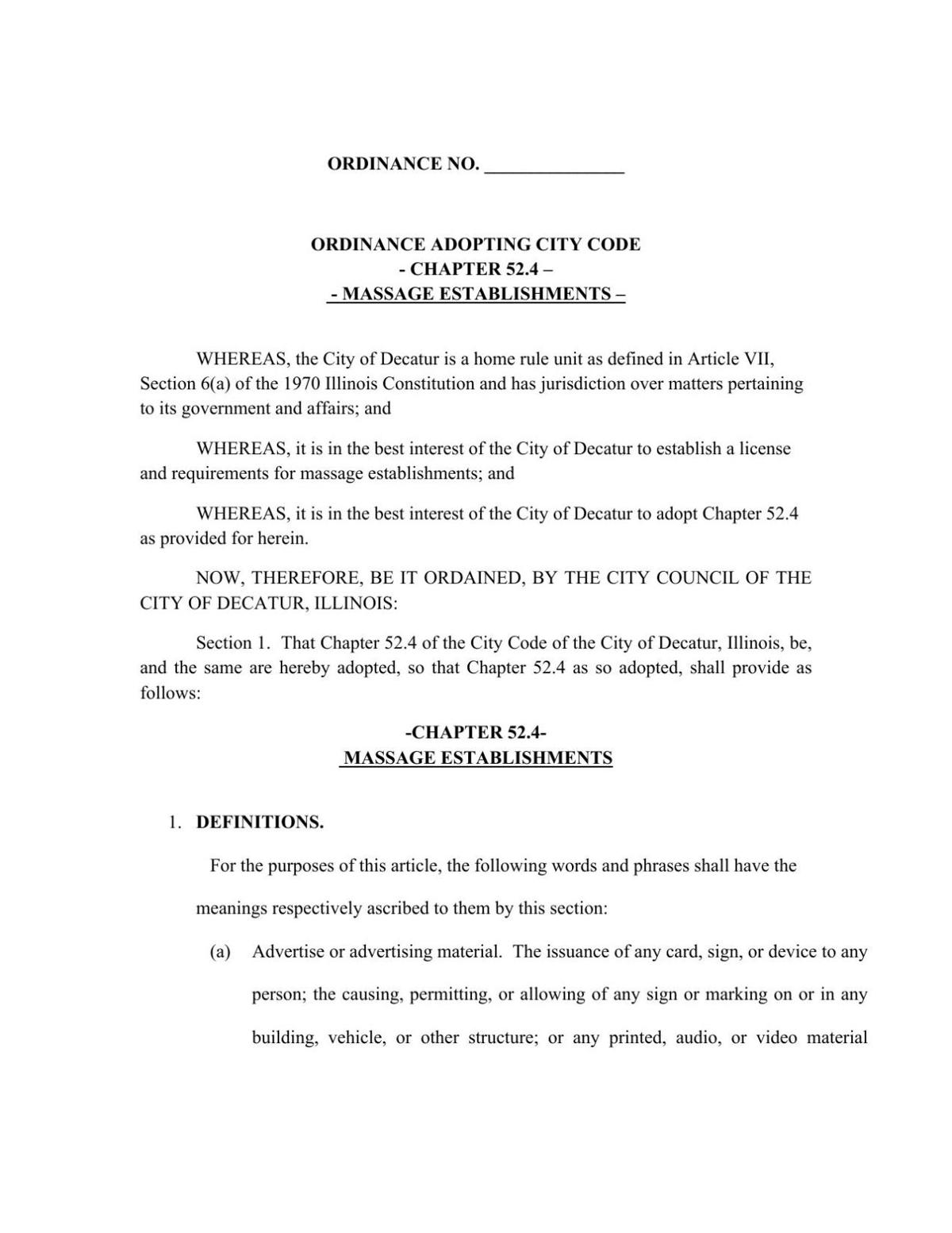 Decatur City Council Ordinance on Massage Establishments