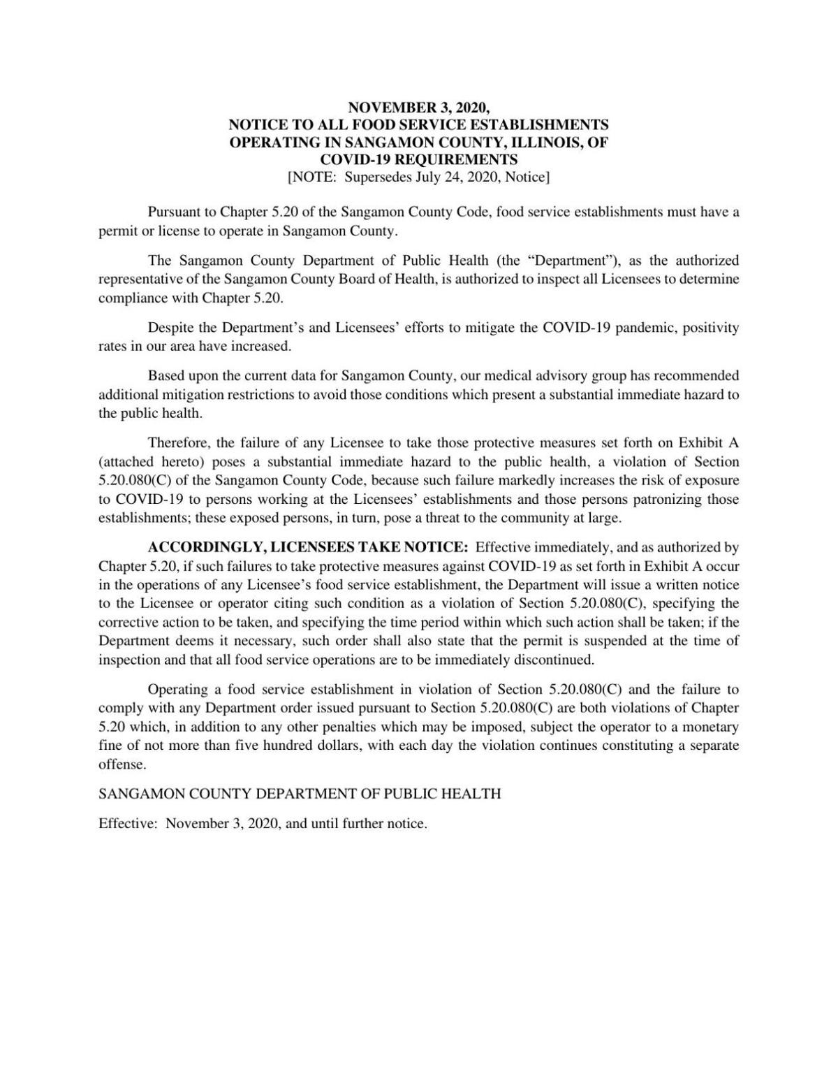 Sangamon Co. 11/3 food service establishment notice