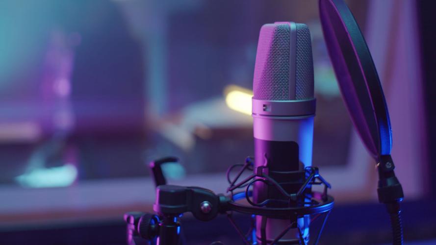 Close up of microphone in recording studio