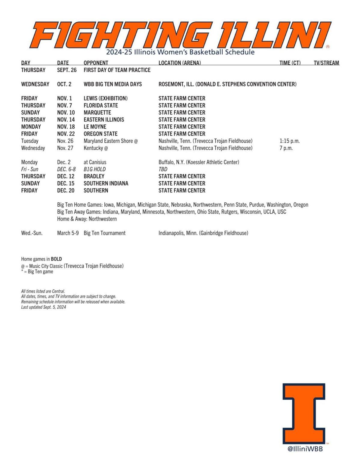 Fighting Illini 2024-25 WBB Nonconference Schedule
