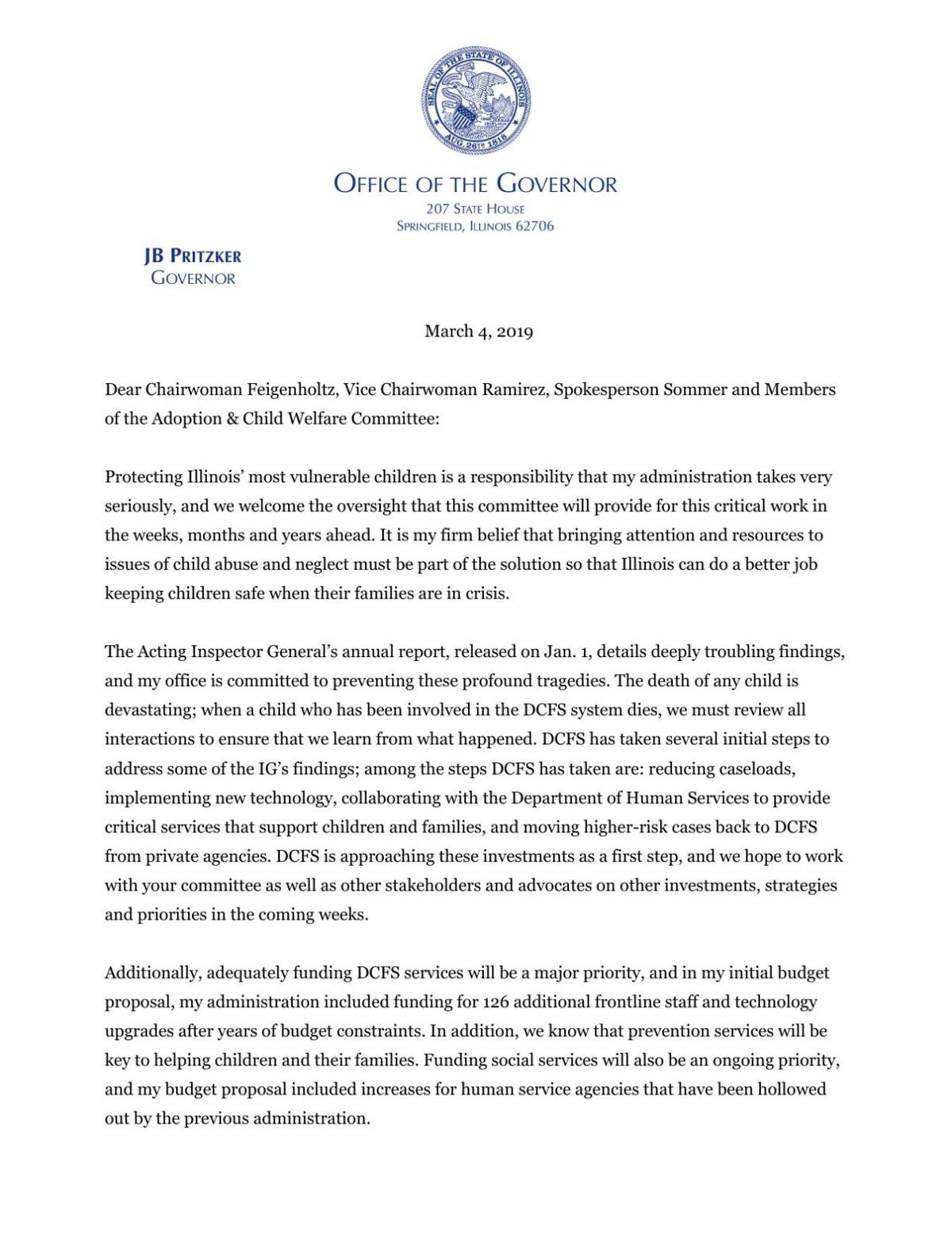 DCFS Committee Letter from Gov. JB Pritzker