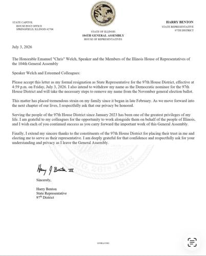 Rep. Harry Benton letter of resignation