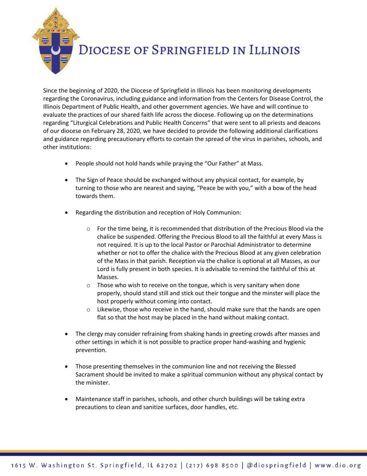 Diocese of Springfield - COVID-19 guidelines