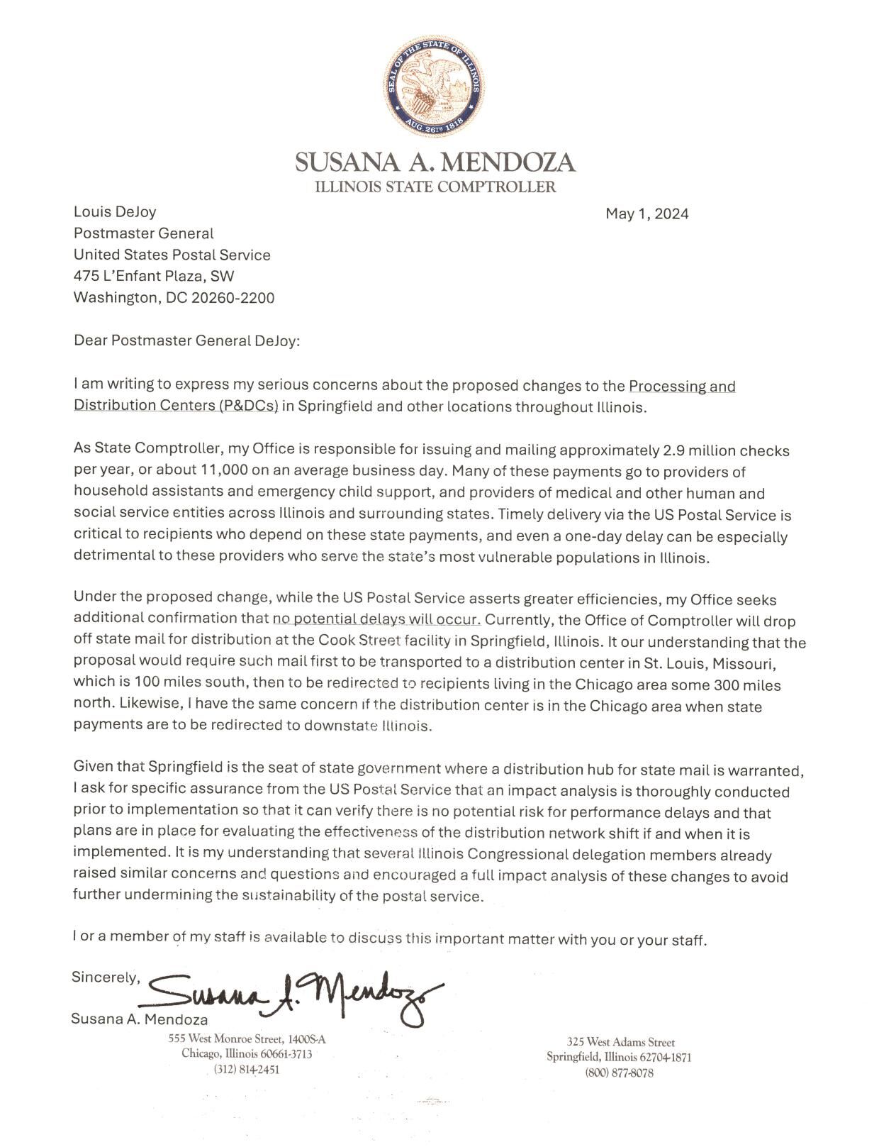 Comptroller Mendoza's Postal Letter