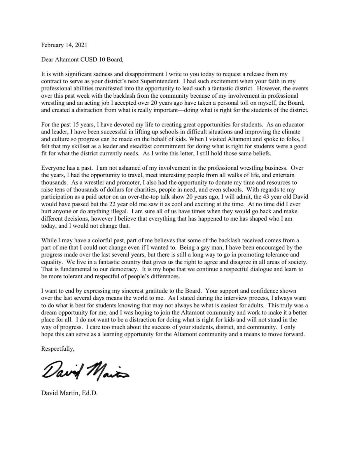 David Martin resignation letter