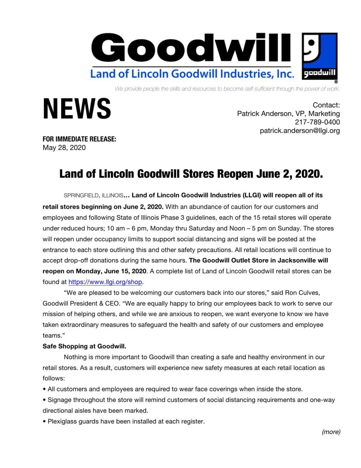 Land of Lincoln Goodwill press release