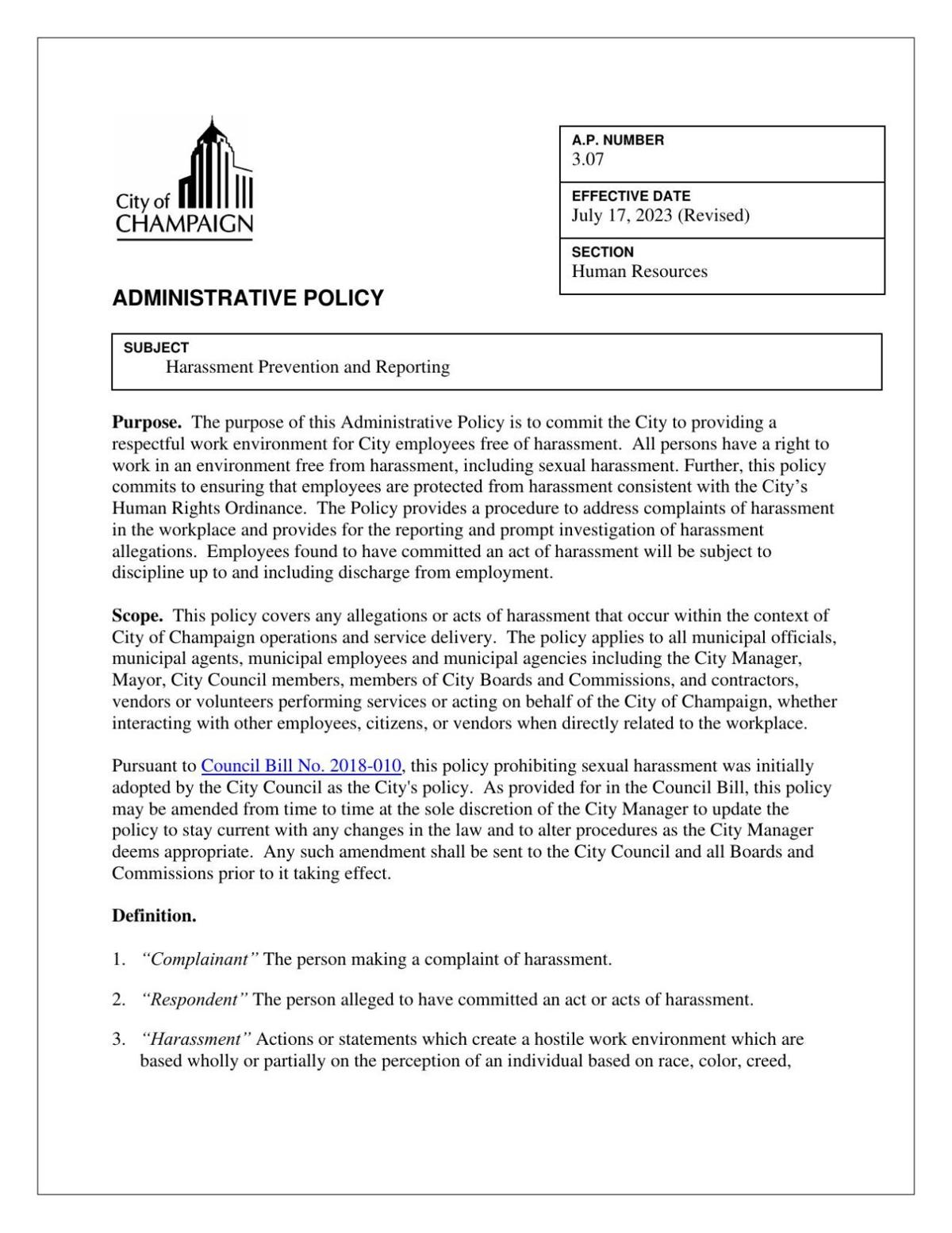 City's Harassment Prevention and Reporting Policy