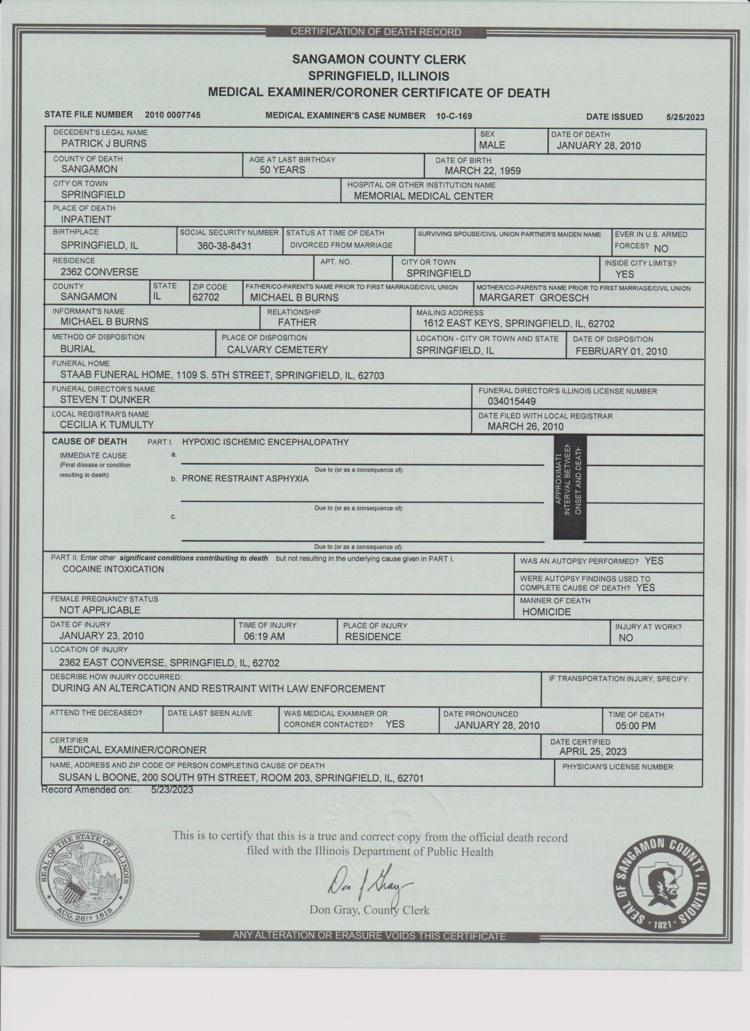 Sangamon Co Coroner issues new death certificate in Springfield man #39 s