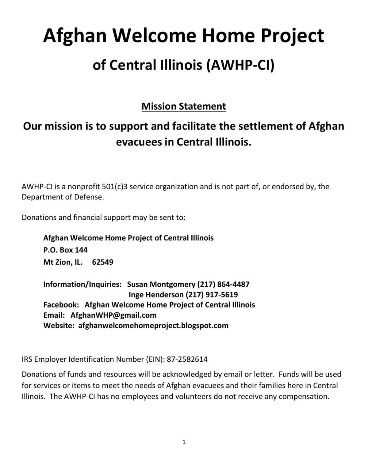 Afghan Welcome Home Project of Central Illinois
