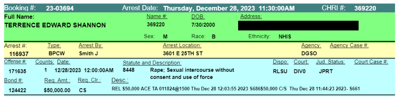 Terrence Shannon Booking Entry