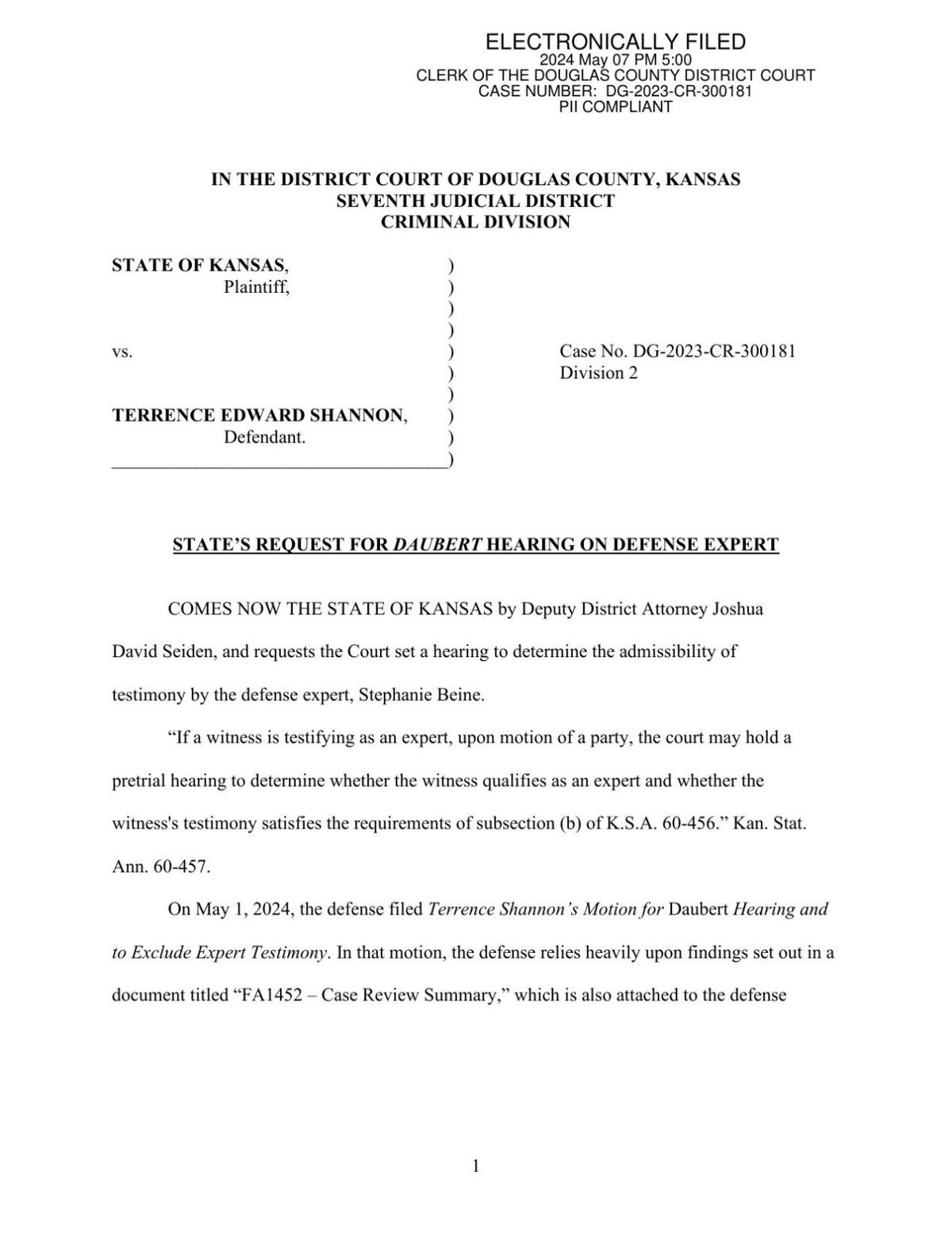 Kansas State's Motion for Daubert Hearing